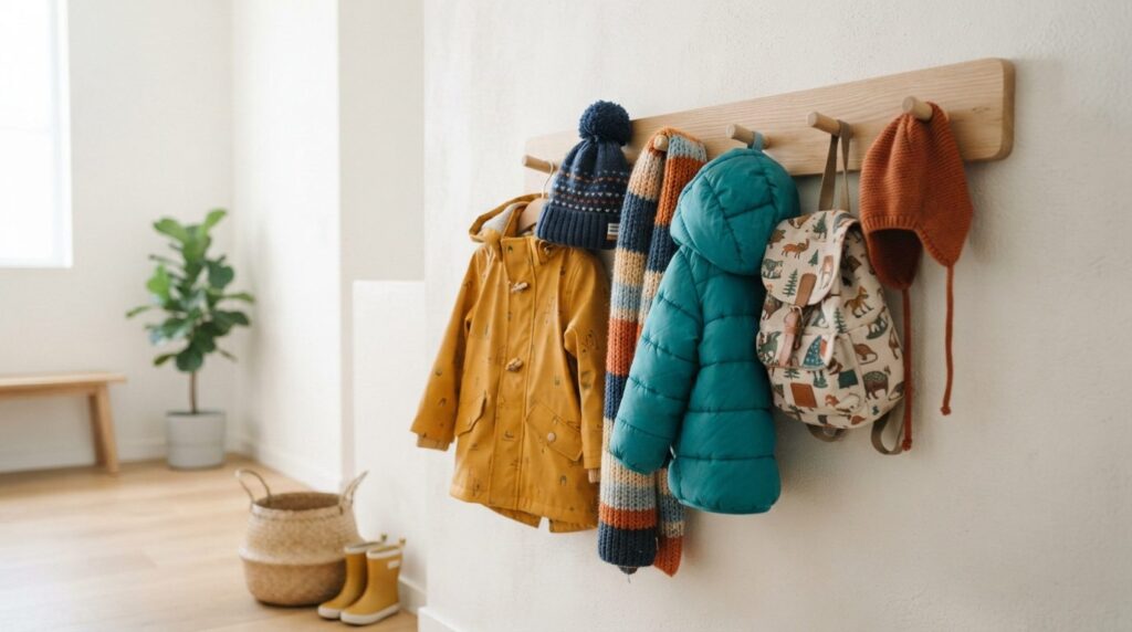 Close-up detail shot of a contemporary wall-mounted coat han