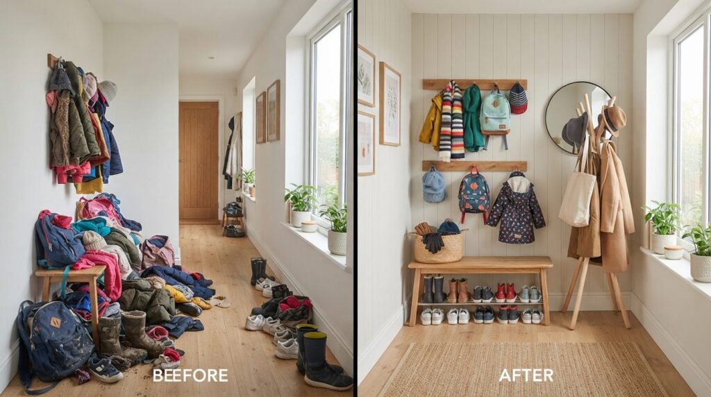 Wide angle view of a busy family entryway showing a before-a