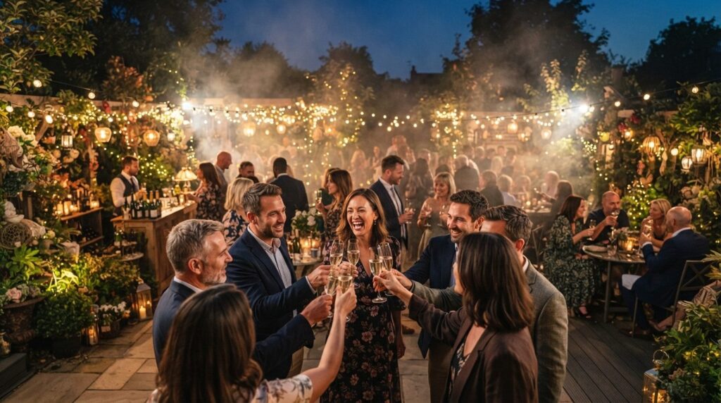 Wide-angle professional photograph of a backyard celebration