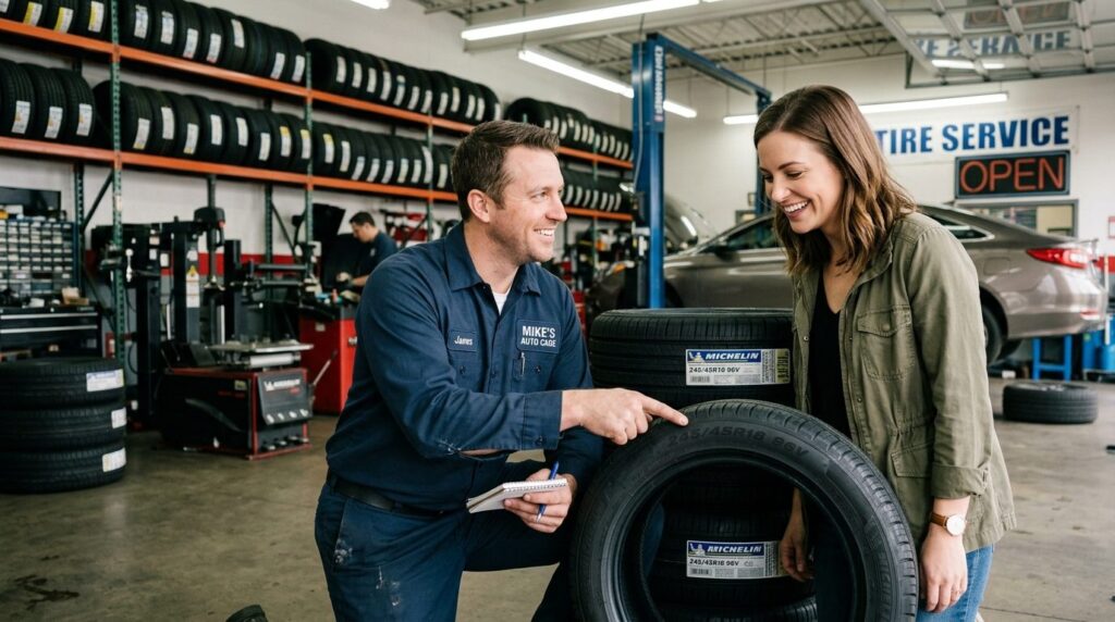 Professional mechanic in uniform helping a female customer u